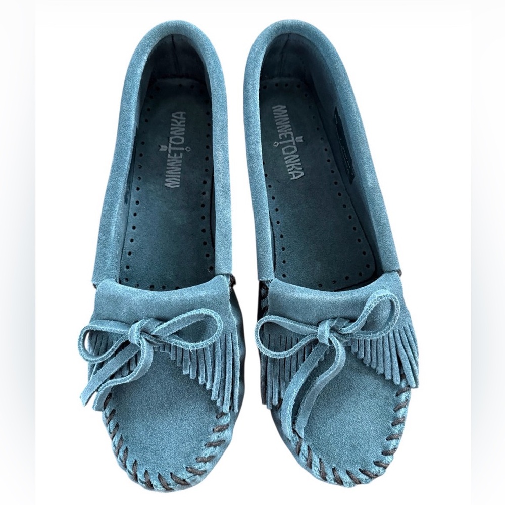 Minnetonka Teal Suede Fringe Hardsoul Loafer Moccasins